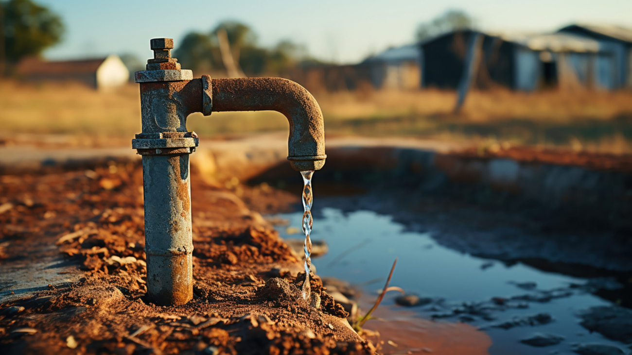 Selective focus of grunge and rusty faucet in rural area