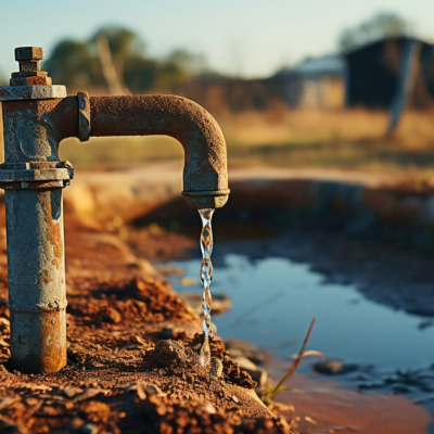 Selective focus of grunge and rusty faucet in rural area